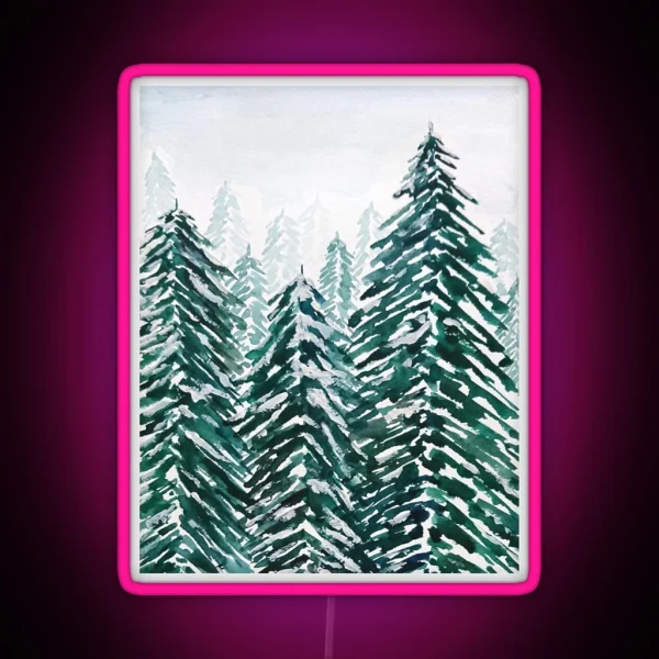 Hand Painted Snowy Pine Forest Green RGB Neon Sign