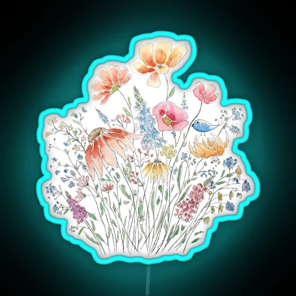 Hand Painted Wild Flower Bouquet And Blue Bird Line And RGB Neon Sign