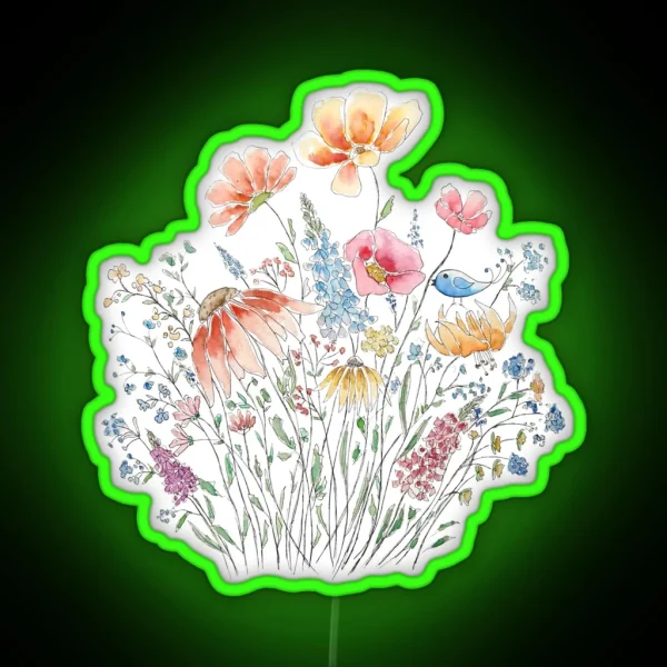 Hand Painted Wild Flower Bouquet And Blue Bird Line And RGB Neon Sign