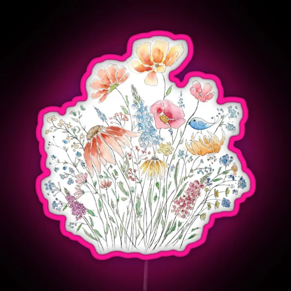 Hand Painted Wild Flower Bouquet And Blue Bird Line And RGB Neon Sign