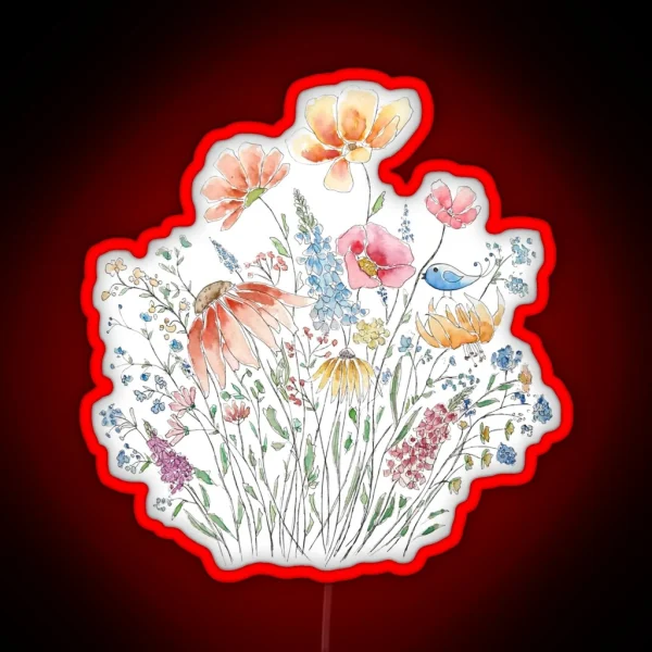 Hand Painted Wild Flower Bouquet And Blue Bird Line And RGB Neon Sign