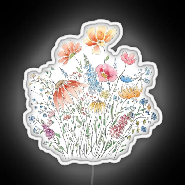 Hand Painted Wild Flower Bouquet And Blue Bird Line And RGB Neon Sign