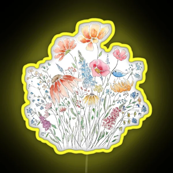 Hand Painted Wild Flower Bouquet And Blue Bird Line And RGB Neon Sign