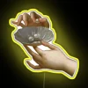 Vintage-inspired LED sign featuring elegant hands holding pearls in renaissance style