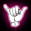 RGB neon sign featuring a relaxed 'hang loose' hand design