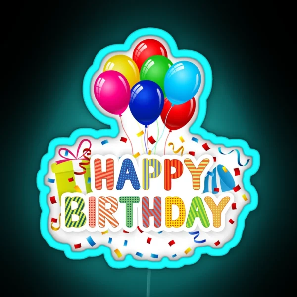 Happy Birthday With Balloons And Gift Box RGB Neon Sign