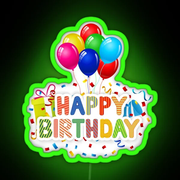 Happy Birthday With Balloons And Gift Box RGB Neon Sign