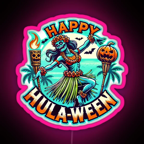 Happy Hulaween Spooky Halloween Island Zombie Hula Dancer RGB Neon Sign