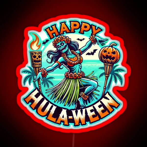 Happy Hulaween Spooky Halloween Island Zombie Hula Dancer RGB Neon Sign