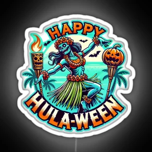 Happy Hulaween Spooky Halloween Island Zombie Hula Dancer RGB Neon Sign