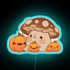 RGB Neon Sign Happy Mushroom Surrounded by Colorful Pumpkins Design
