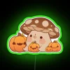 Whimsical Mushroom Friends Gather Around Vibrant Neon Pumpkins Sign Decor