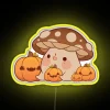 RGB Neon Sign Featuring Whimsical Mushroom and Pumpkins Illustration Scene