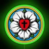 Vibrant Heart Lutheran church sign with customizable RGB neon lighting.
