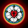 Vibrant RGB LED neon light decor for Christian home devotion.