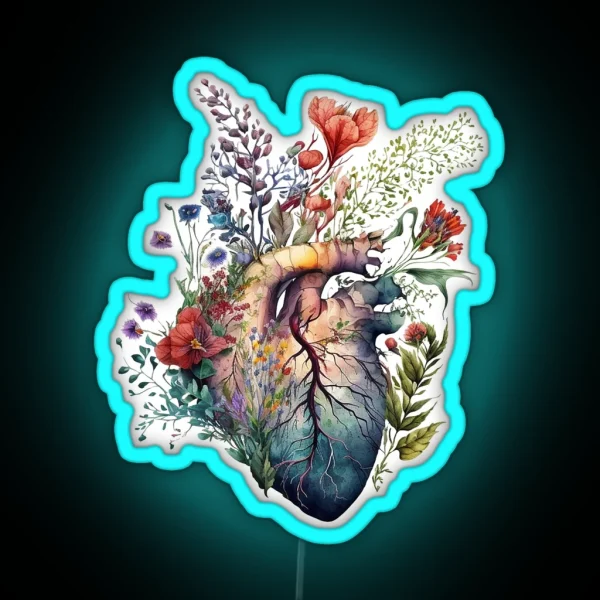 Heart Overgrown With Florals 3 Cutout Anatomy Floral Botanical Watercolor Illustration RGB Neon Sign