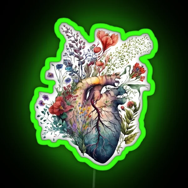 Heart Overgrown With Florals 3 Cutout Anatomy Floral Botanical Watercolor Illustration RGB Neon Sign