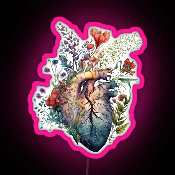 Heart Overgrown With Florals 3 Cutout Anatomy Floral Botanical Watercolor Illustration RGB Neon Sign