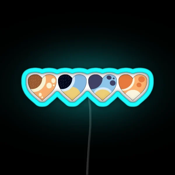 Heeler Family Love Hearts Bluey Inspired Color Palette RGB Neon Sign