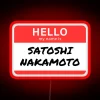 Affectionate tribute to cryptocurrency pioneer, bold RGB glowing letters