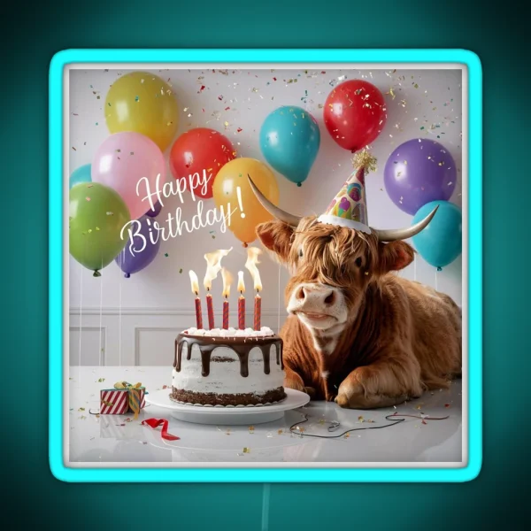 Highland Cow Birthday Bash RGB Neon Sign