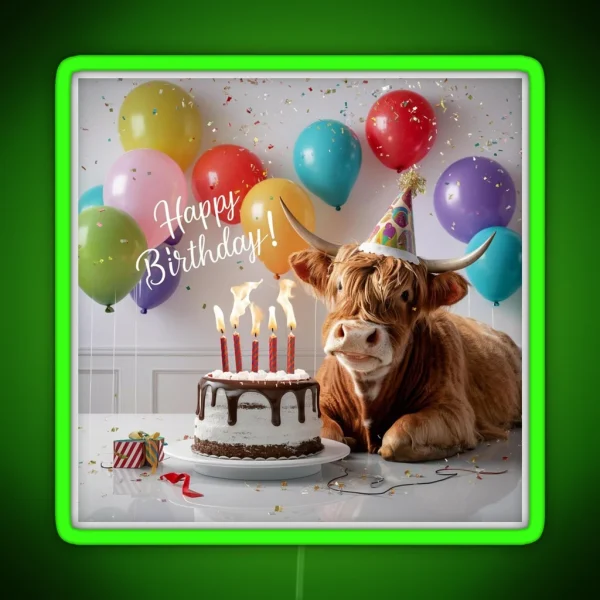 Highland Cow Birthday Bash RGB Neon Sign