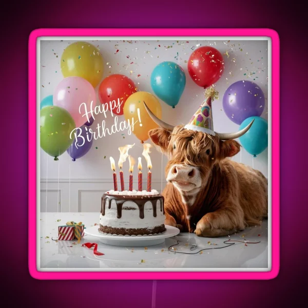 Highland Cow Birthday Bash RGB Neon Sign