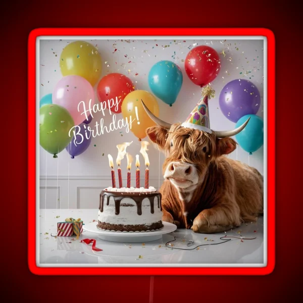 Highland Cow Birthday Bash RGB Neon Sign