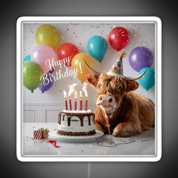 Highland Cow Birthday Bash RGB Neon Sign