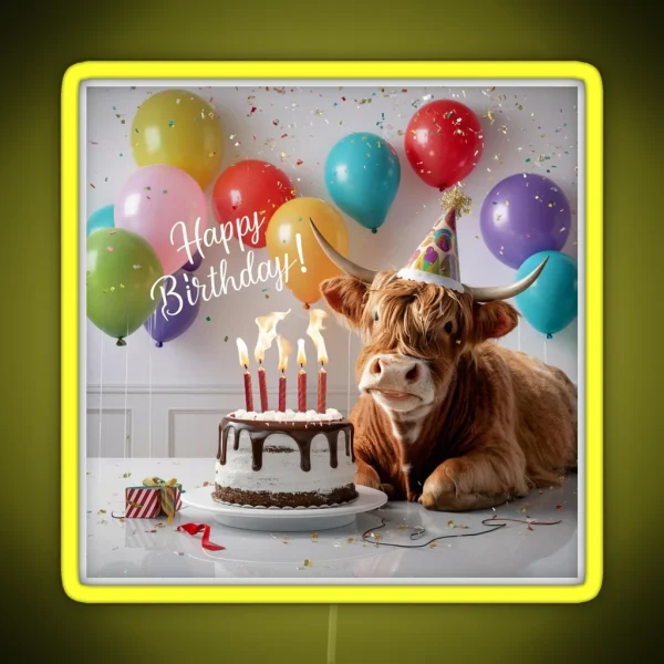 Highland Cow Birthday Bash RGB Neon Sign