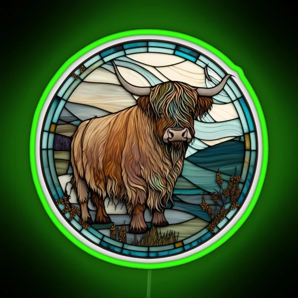 Highland Cow From Scotland In Stained Glass Scottish RGB Neon Sign