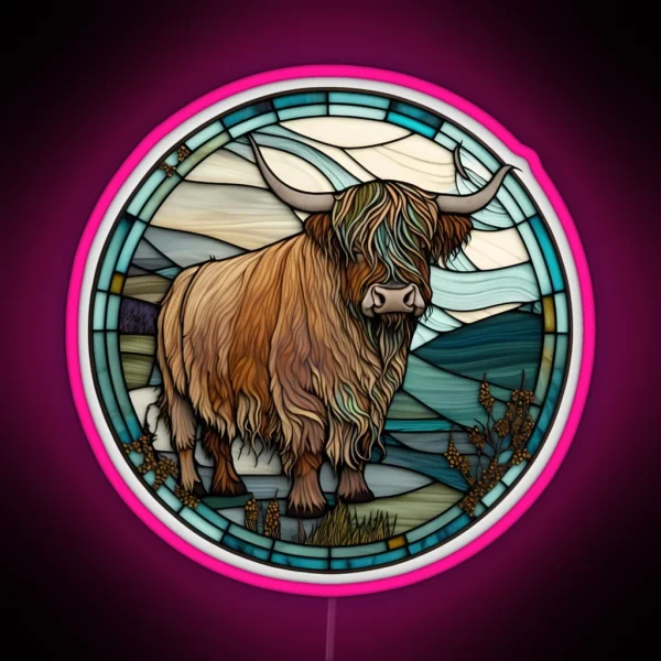 Highland Cow From Scotland In Stained Glass Scottish RGB Neon Sign