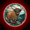 Vibrant Scottish Highland Cow in stunning stained glass neon artwork