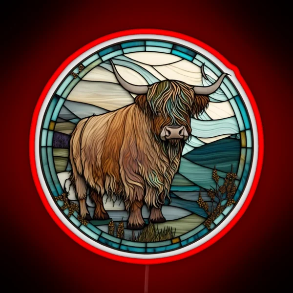Highland Cow From Scotland In Stained Glass Scottish RGB Neon Sign