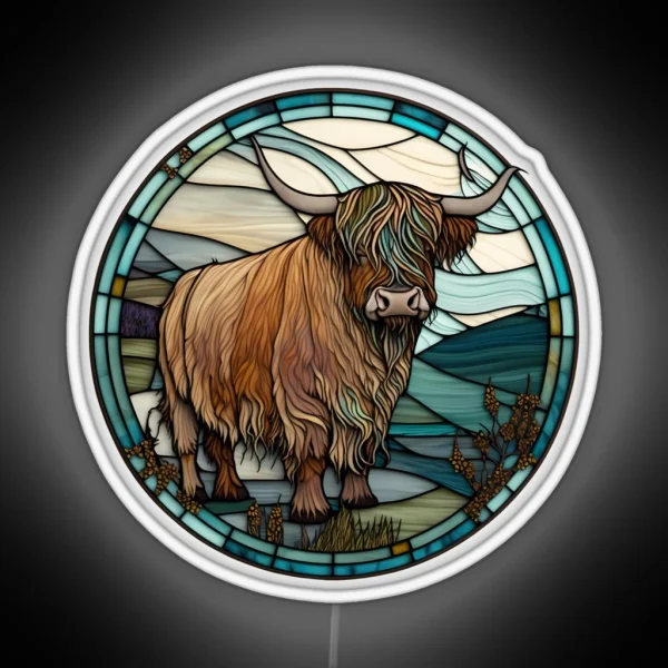 Highland Cow From Scotland In Stained Glass Scottish RGB Neon Sign