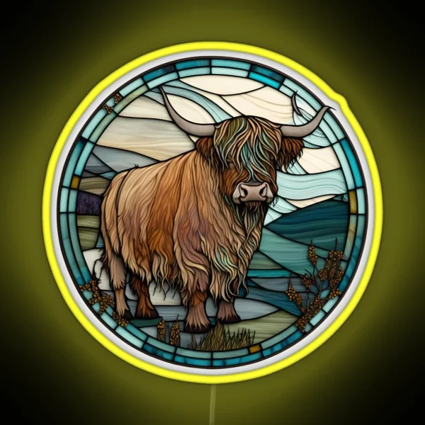 Highland Cow From Scotland In Stained Glass Scottish RGB Neon Sign