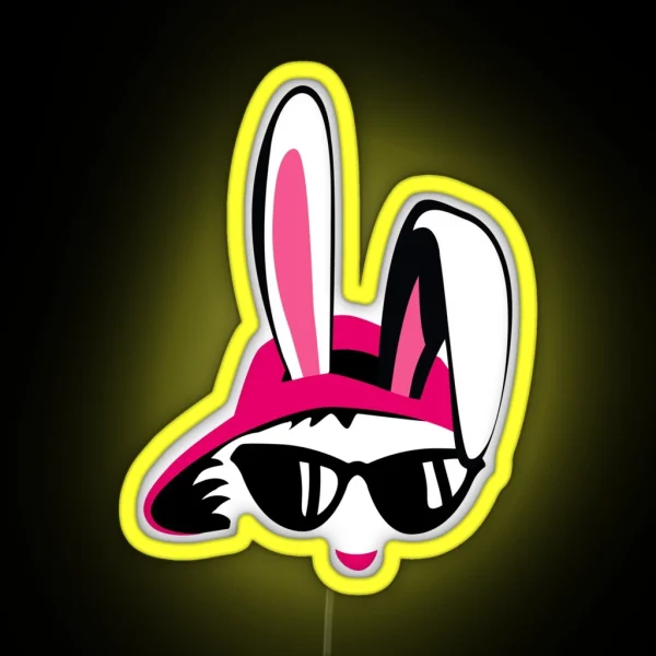 Hip Hop Rabbit Head Sunglasses Big Ears Pink Baseball Cap Pink Nose RGB Neon Sign