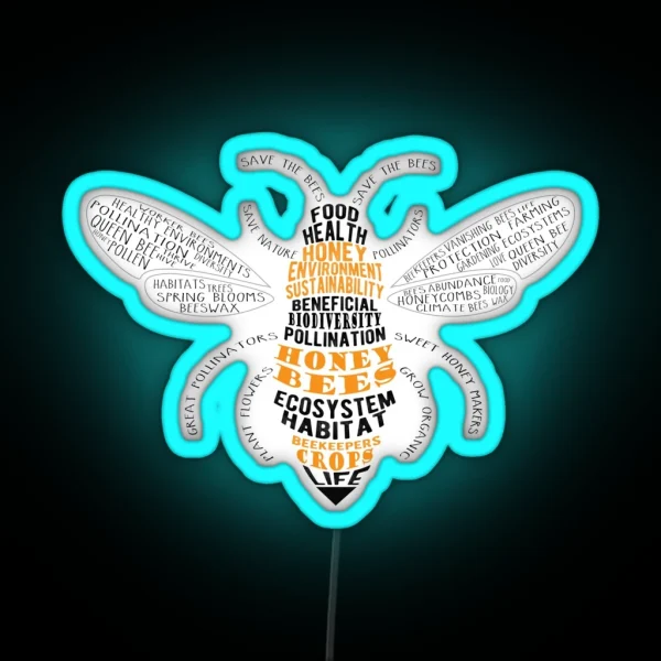 Honey Bee Word Cloud With Wings RGB Neon Sign