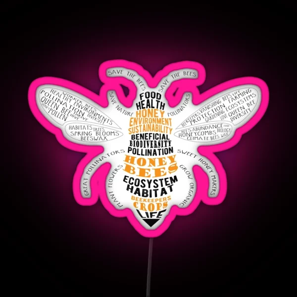 Honey Bee Word Cloud With Wings RGB Neon Sign