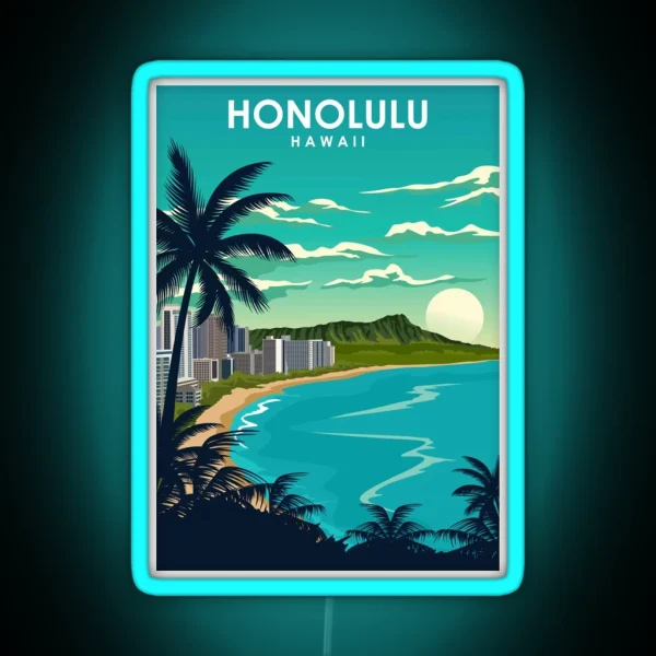 Honolulu Hawaii Vintage Minimal City Travel Poster RGB Neon Sign