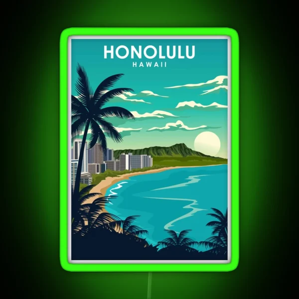 Honolulu Hawaii Vintage Minimal City Travel Poster RGB Neon Sign