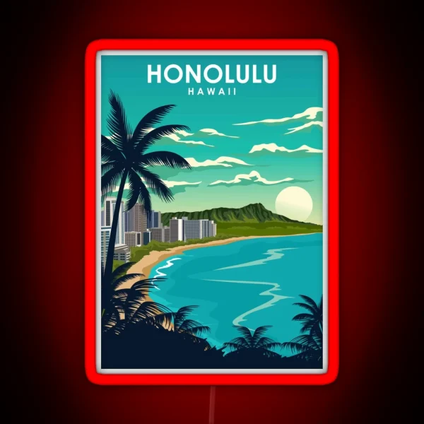 Honolulu Hawaii Vintage Minimal City Travel Poster RGB Neon Sign