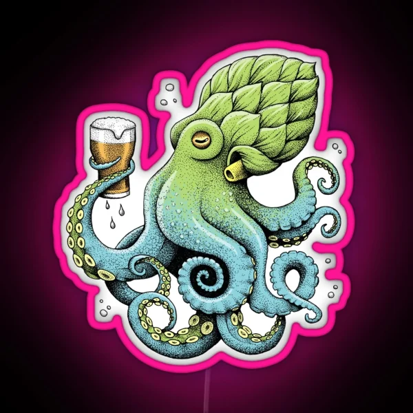 Hop To Pus Octopus Drinking Beer RGB Neon Sign