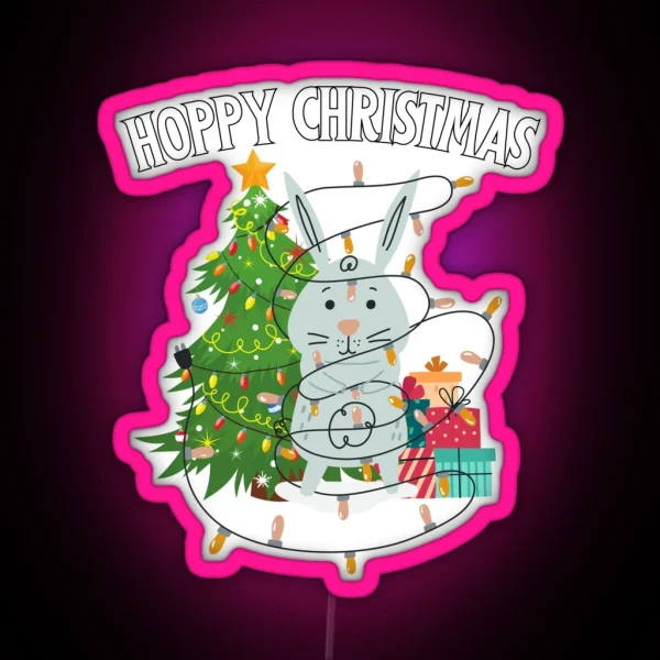 Hoppy Christmas Funny Christmas Bunny RGB Neon Sign