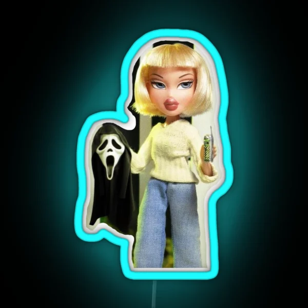 Horror Themed Bratz Doll Holding Scream Mask RGB Neon Sign