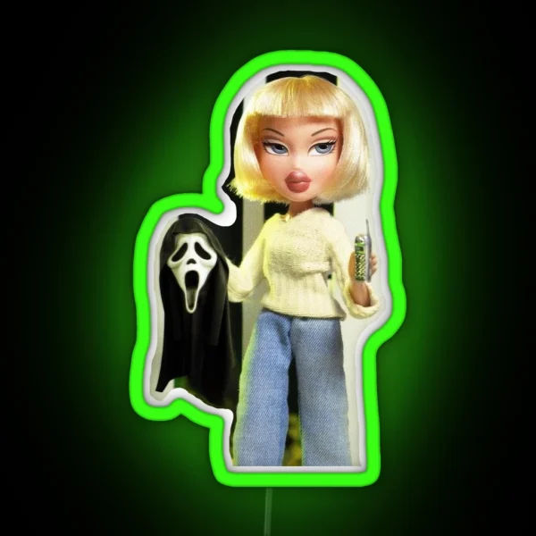 Horror Themed Bratz Doll Holding Scream Mask RGB Neon Sign