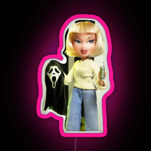 Horror Themed Bratz Doll Holding Scream Mask RGB Neon Sign