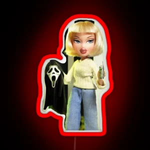 Horror Themed Bratz Doll Holding Scream Mask RGB Neon Sign