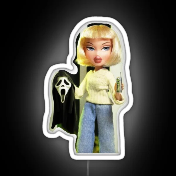 Horror Themed Bratz Doll Holding Scream Mask RGB Neon Sign