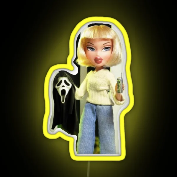 Horror Themed Bratz Doll Holding Scream Mask RGB Neon Sign